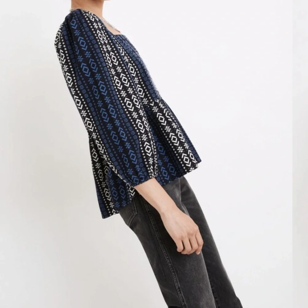 XL Madewell Blue and White Geometric Peplum Top - Picture 3 of 15